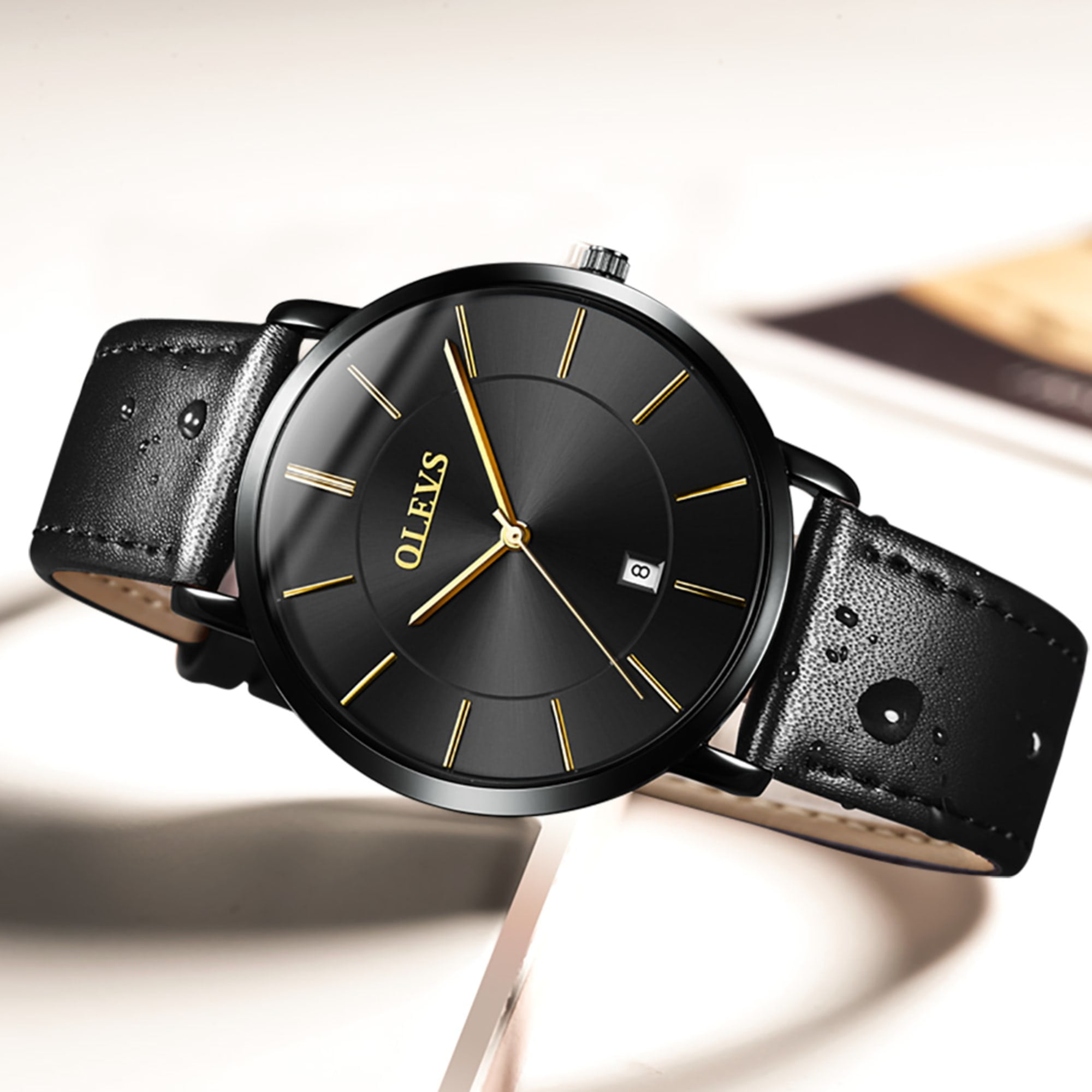 OLEVS Watches for Men Ultra Thin Large Face Fashion Casual Day Watch Mens Black Leather Band Watch Japan Quartz Reloj Mens Watch. Gifts for Men
