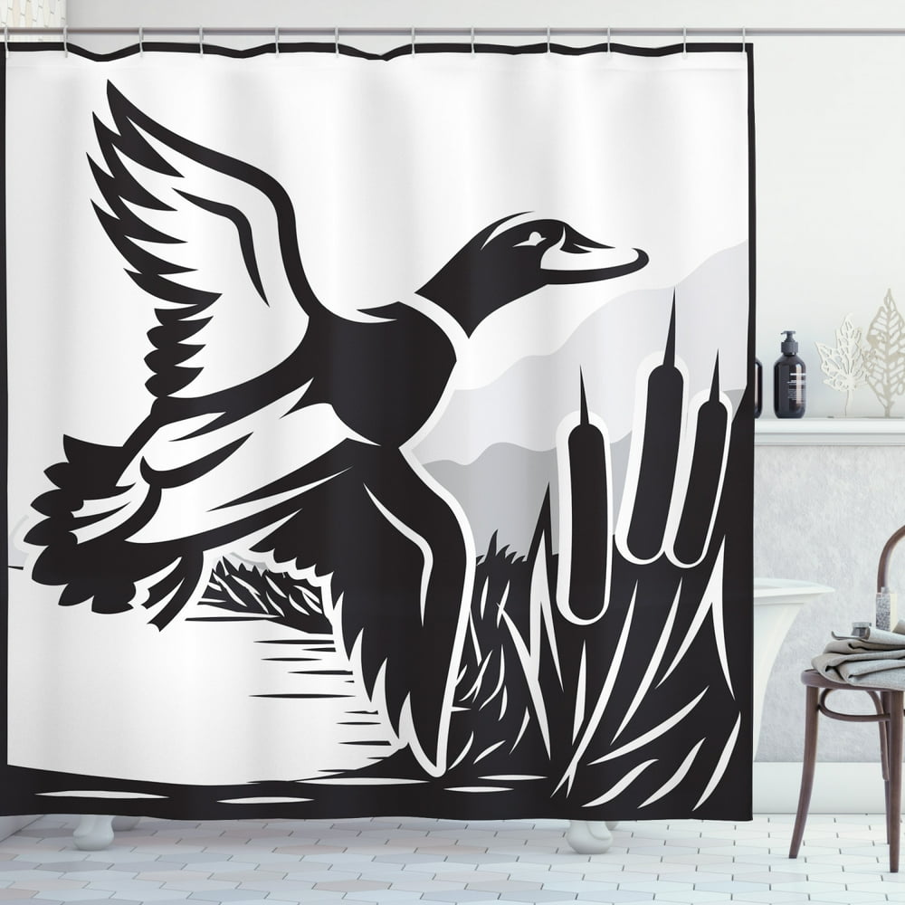 Duck Hunting Shower Curtain, Bold Monochrome Computer Graphics of a