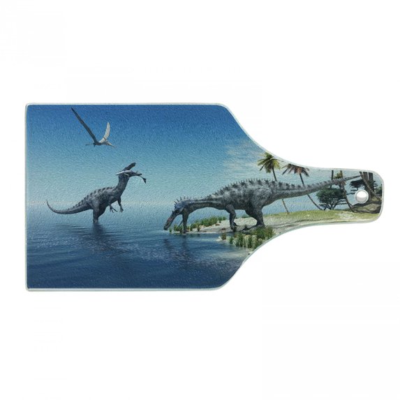 Jurassic Cutting Board, Large Fish is Caught by a Suchomimus Dinosaur Flying Pterosaur Dinosaur, Decorative Tempered Glass Cutting and Serving Board, Wine Bottle Shape, Blue Green Grey, by Ambesonne
