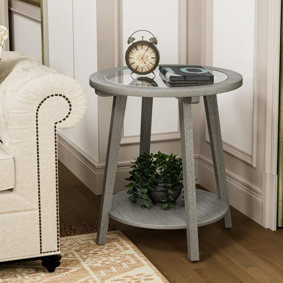 FOROUTIA Round End Table,2-Tier MDF Side Table with Glass Top & Shelf