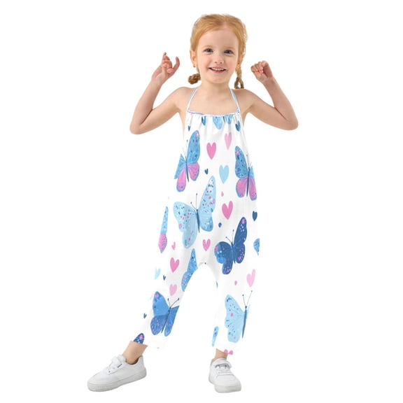 Girls' Jumpsuits Rompers Summer Casual Sleeveless Rompers With Pockets Spaghetti Strap Romper Cute Butterflies and Hearts Pattern 1T