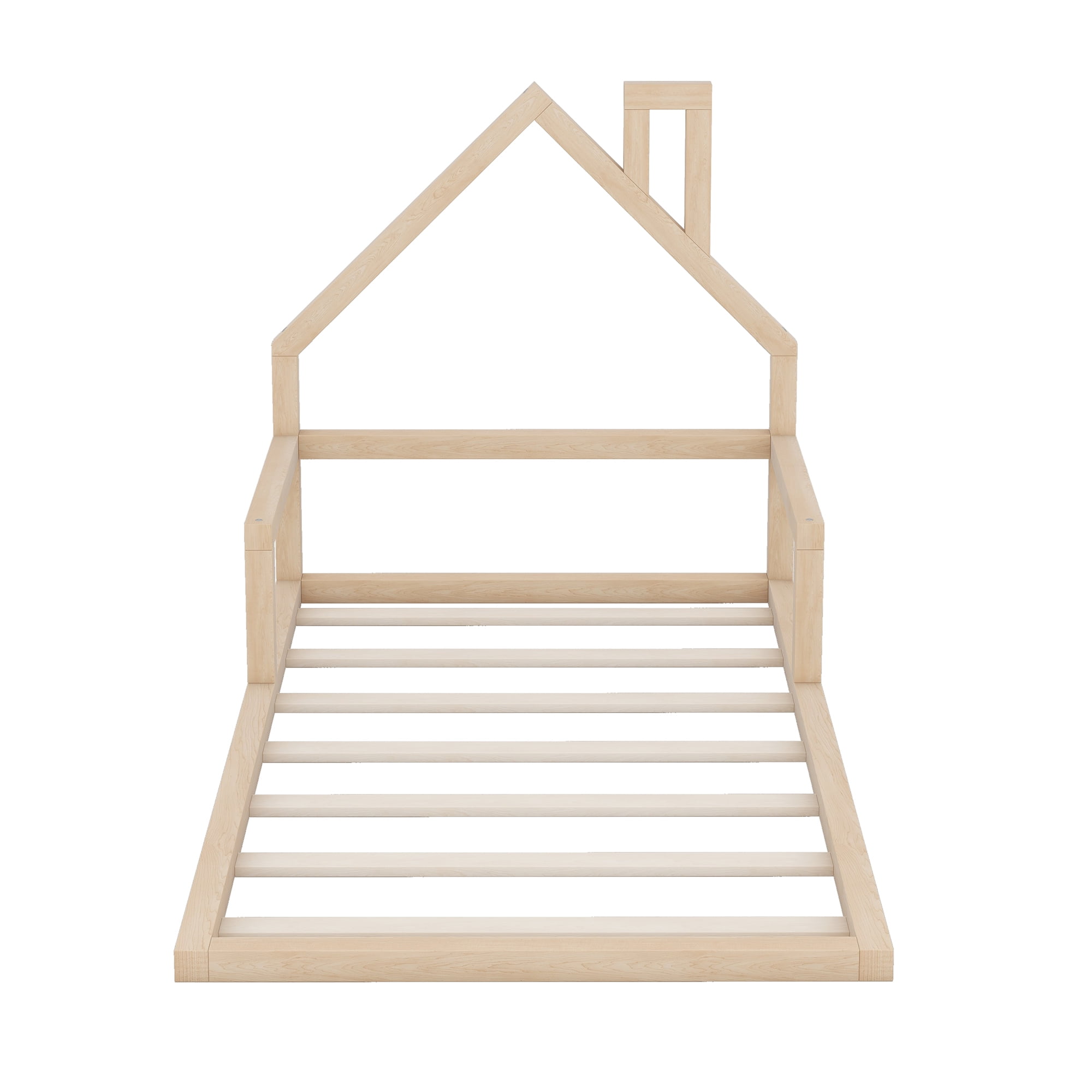 Sailvan Twin Wood Floor Bed Frame with House-Shaped Headboard and Chimney Natural