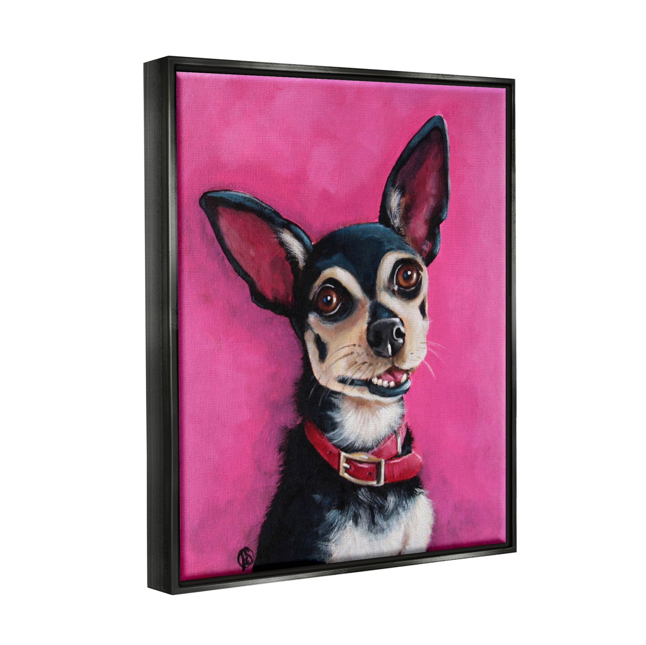 Stupell Industries Bold Pink Chihuahua Portrait Painting Jet Black Floating Framed Canvas Print Wall Art, Design by Lucia Stewart