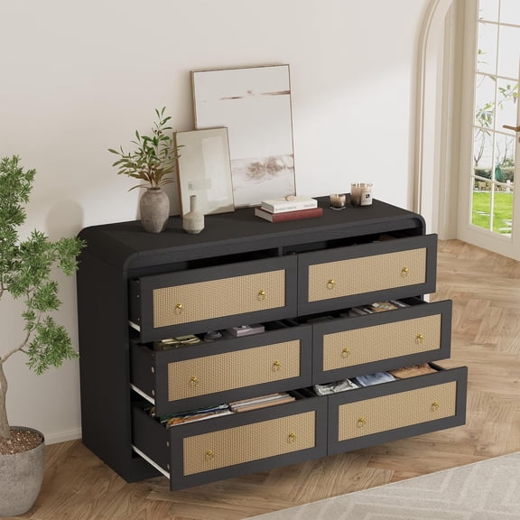 Studyset 46'' Wide Rattan Dresser, Rounded Corners TV Stand, 6 Drawer Dresser, Dressers & Chests of Drawers, Modern Chest of Drawers for Bedroom, Living Room, Hallway