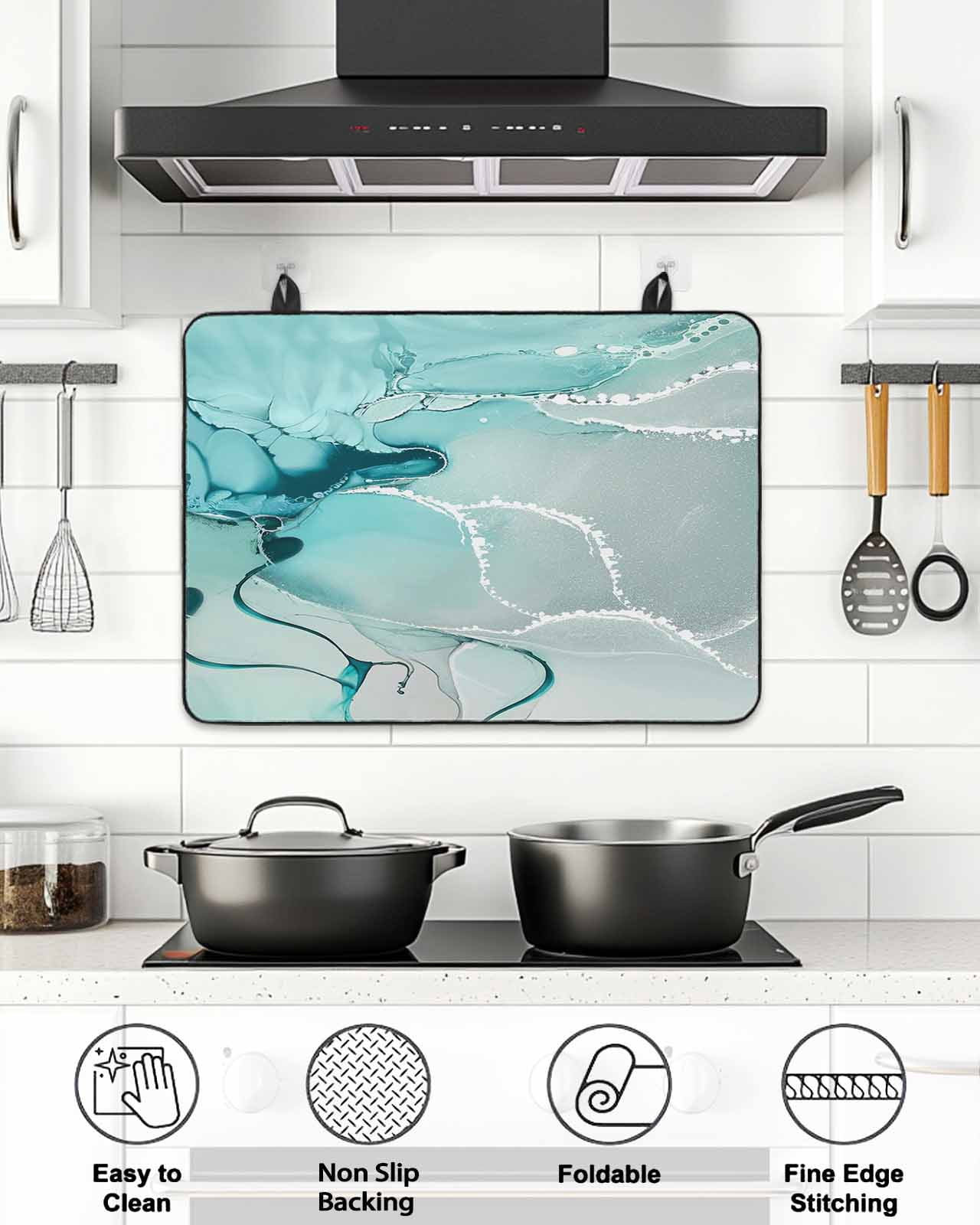 Stove Top Covers for Electric Stove, Aqua Marble Glass Stovetop Cover Protector, Modern Abstract Gradient Water Fluid Art Induction Cooktop Protector Oven Mat for Kitchen Countertop 28.5"x20.5"