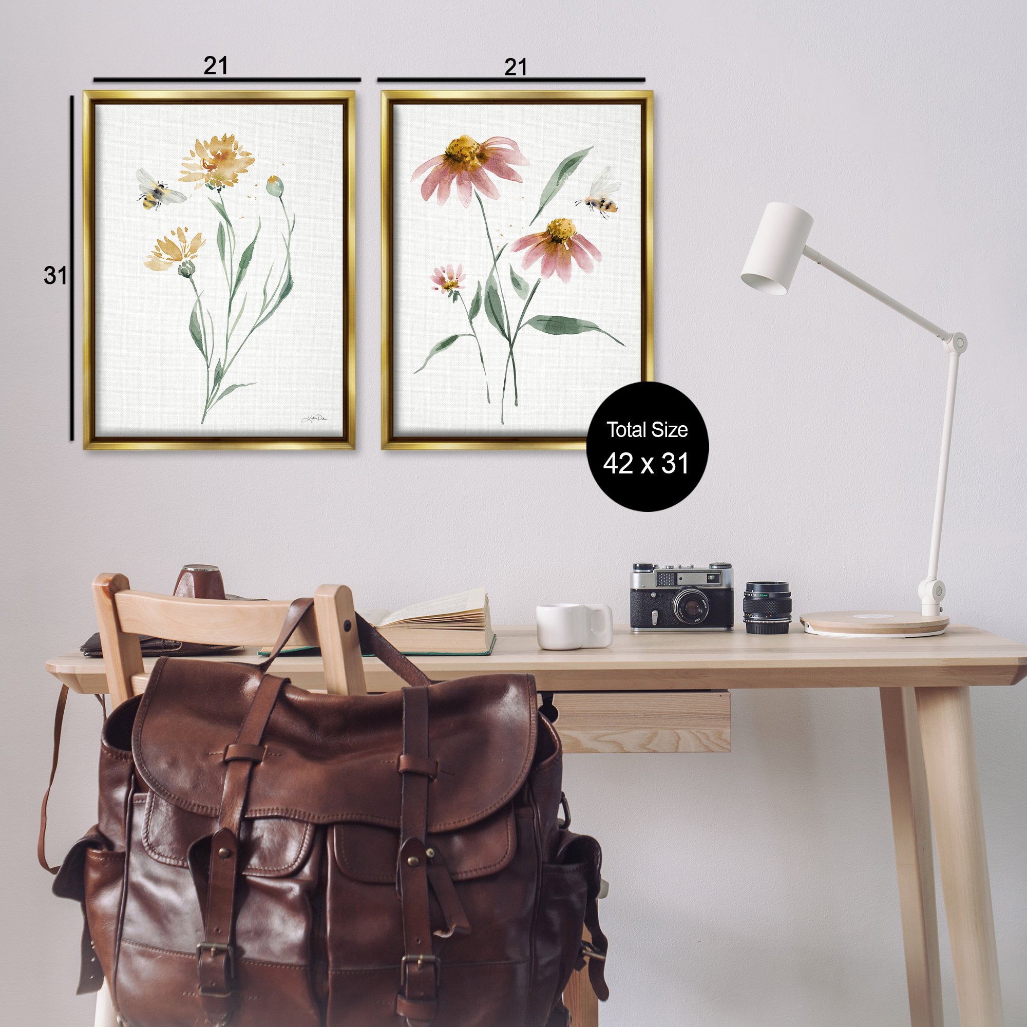 Stupell Industries Flower Stem Bees Plants & Flowers Painting Gold Floater Framed Canvas Art Print Wall Art, 21 x 31, Set of 2