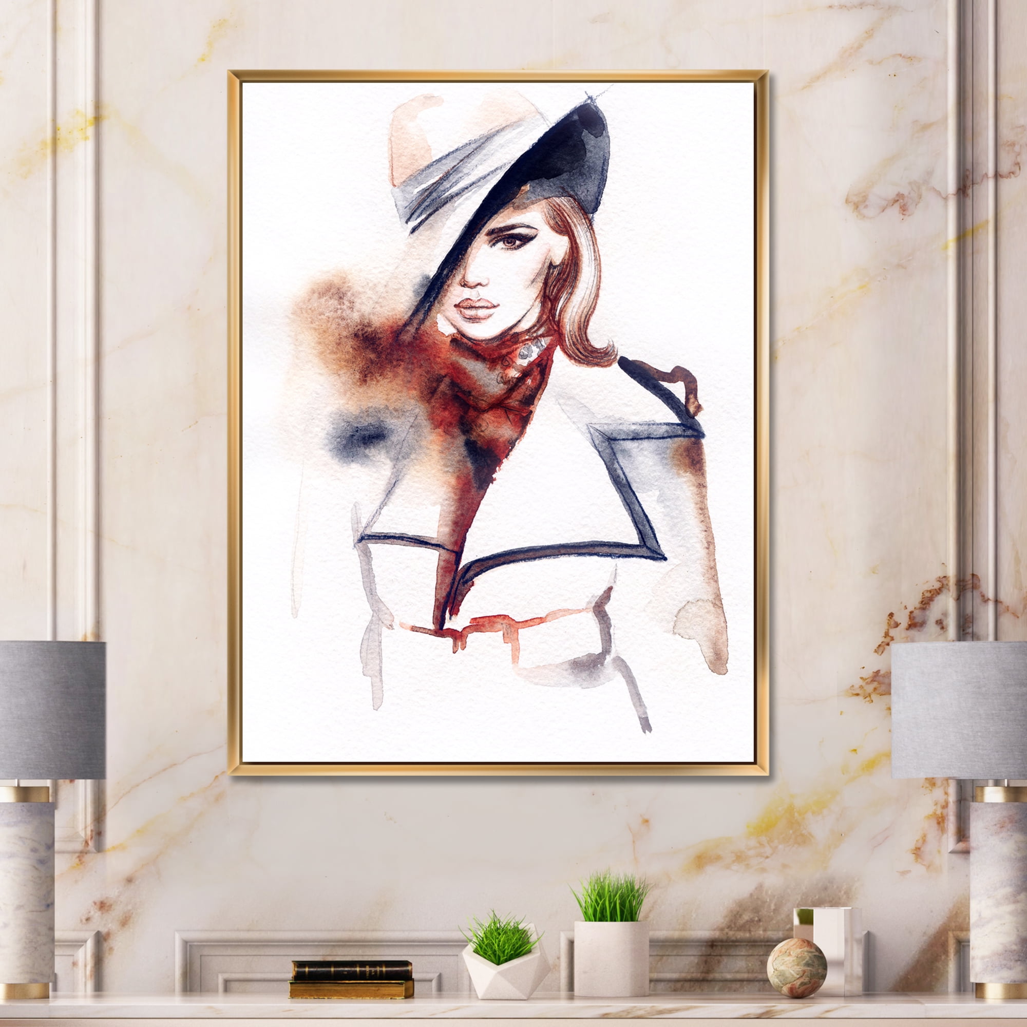 Designart 'Fashion Portrait of Woman Wearing Hat' Modern Framed Canvas Wall Art Print