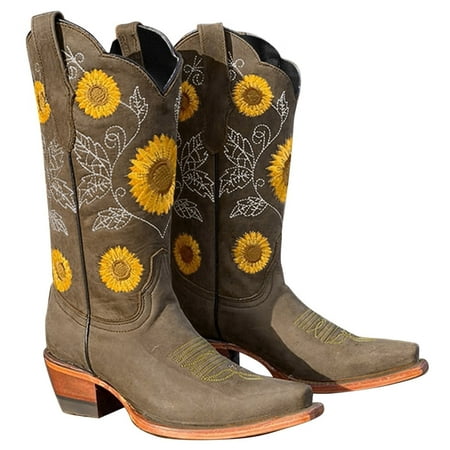 

TOYFUNNY Womens Plus Size Boots Chunky Heel Round Toe Embroidered Ankle Boots