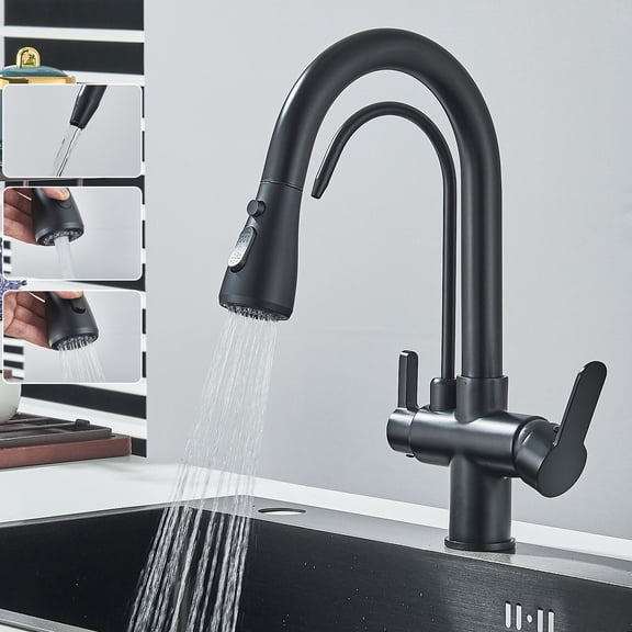 Black Kitchen Faucet Pull Down Sprayer 2 Handle 3 in 1 Water Filter Purifier Tap