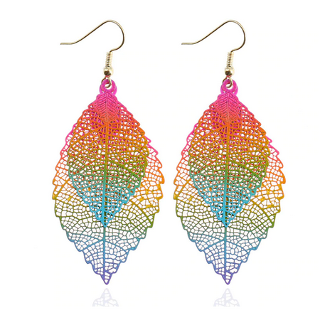 - ON SALE - Metal Mesh Dangling Double Leaf Earrings Rainbow