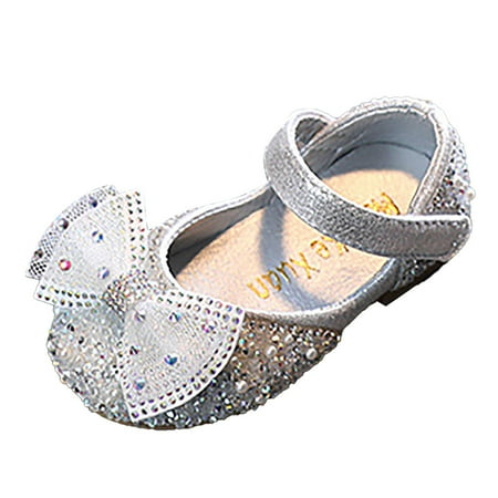 Fauean Girls Formal Shoes Fashion Pearl Rhinestone Bow Elegant Versatile Dress Shoes Silver Size 30