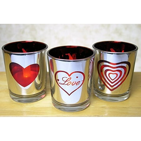 - Glass Votive Candle Holders Silver & Red - Love and Heart Shapes - Set of 3