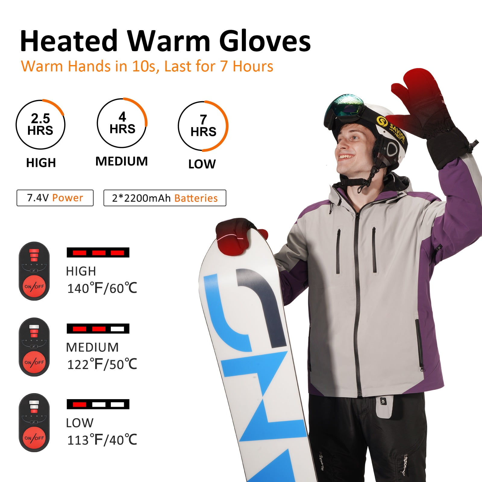 Heated Ski Mittens 3-Finger Gloves Electric Rechargeable Battery Mitts for Men Women Kids Winter Snowboard Motorcycle Skating Camping Hunting