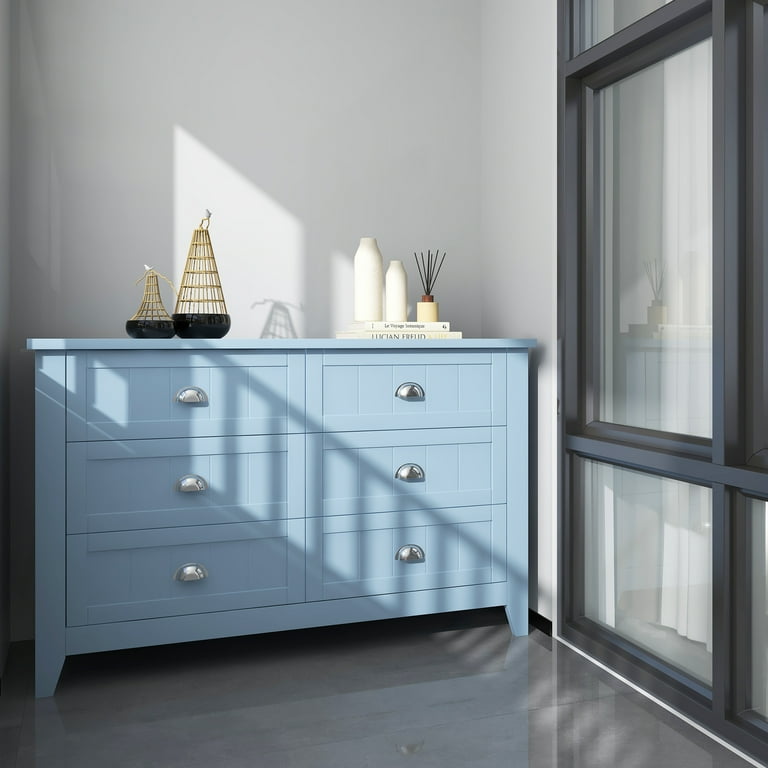 HIUU Wood 6 Drawer Dresser,Mid Century Modern Chest of Drawers for Living  Room,Antique Blue Dressers with Shell Handle