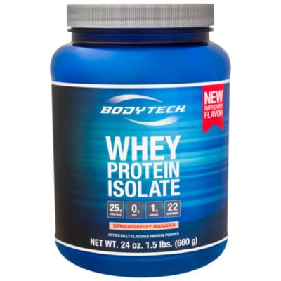 BodyTech Whey Protein Isolate Powder - With 25 Grams of Protein per Serving & BCAA's - Ideal for Post-Workout Muscle Building & Growth, Contains Milk & Soy - Strawberry & Banana (1.5 Pound)
