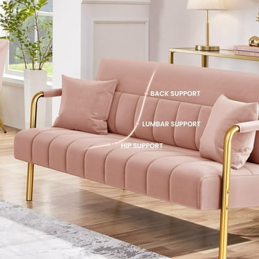 56.6″W Modern Loveseat 2 Seater Sofa Luxurious Velvet Fabric Couch with Gold-Tone Metal Arms and Legs for Bedroom, Home Office, Studio Pink