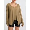 thumbnail image 6 of Liacowi Women Long Sleeve T-Shirts Solid Color Dropped Shoulders V-Neck Waffle Shirts Spring Fall Loose Fit Tops Streetwear, 6 of 9