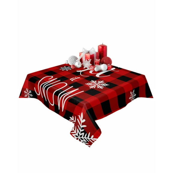 Square Tablecloth 54 x 54 Inches Vintage Black and Red Plaid Christmas Snowflake Waterproof & Stain Resistance Table Cloth Decorative Fabric Table Cover for Dinning/Party/Buffet/Banquet