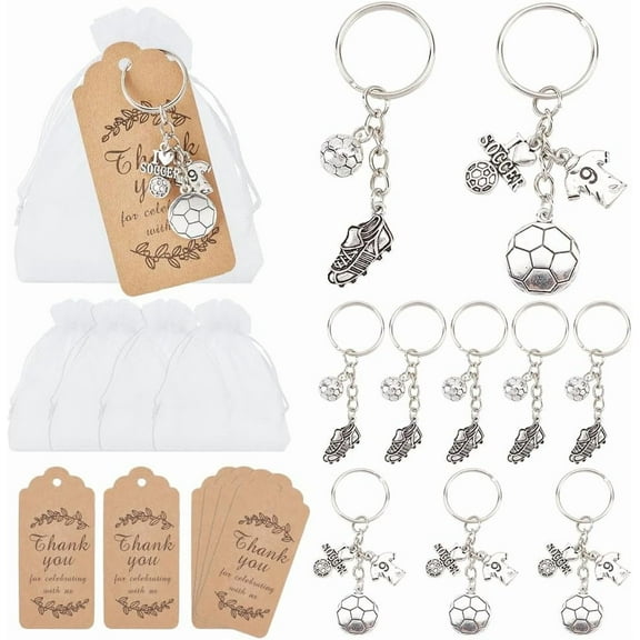16 Sets Soccer Party Favors DIY Shoes Soccer Ball Keychains Kit Include Soccer Keychains Organza Bags and Thank You Kraft Tags Sports Party Favors for Birthday Wedding Party Return Gifts