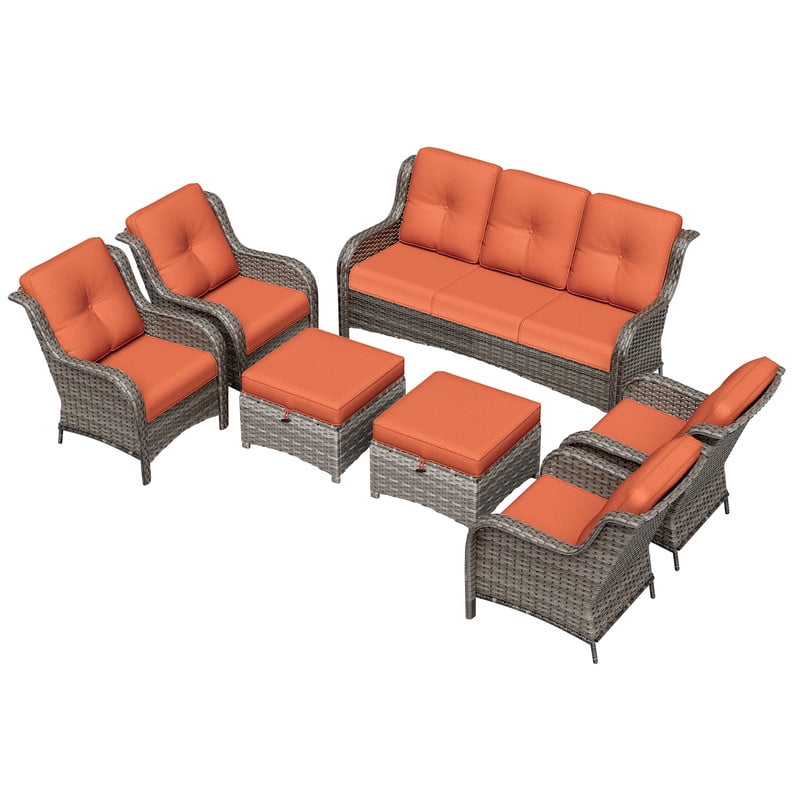 Meetleisure 7 Piece Wicker Patio Furniture Set, Rattan Chairs with 3-Seater Sofa, Ottomans, High Back, Deep Seating, Wide Armrest, Thick Cushions for Deck Porch, Orange