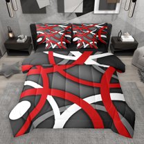 Manfei Abstrat Geometric Lines 7pcs Bedding Comforter Set,Gred Gray Black Queen Bedding Sets,Geometric Striped Circle Queen Sheet Sets For Teens,Luxury Bedroom Decor Reversible