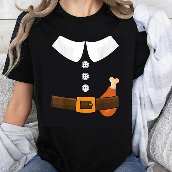 100% Cotton Thanksgiving Turkey Costume T-Shirt Funny Pilgrim Outfit Print Women's Casual Top Holiday Party Shirt