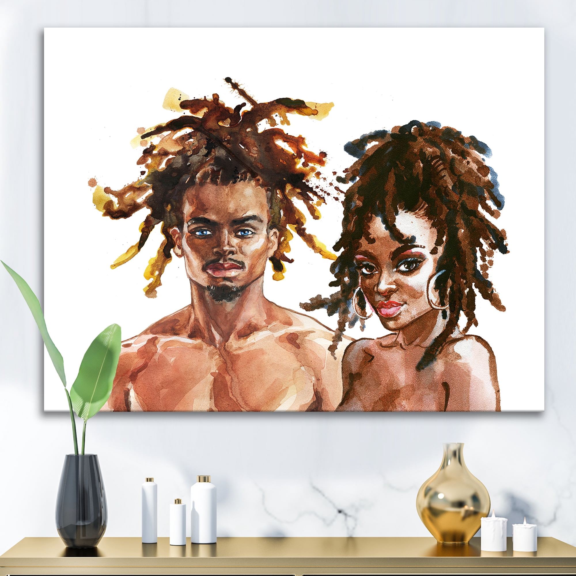 Portrait of African American Couple 32 in x 16 in Painting Canvas Art Print, by Designart