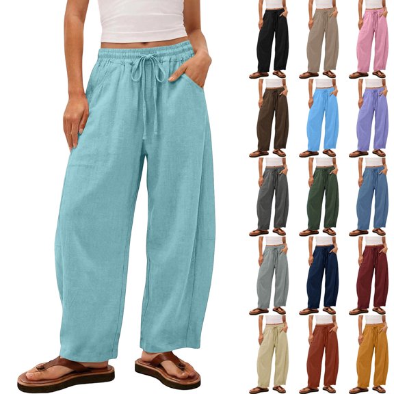 Women's Linen Wide Leg Pants High Waist Solid Color Drawstring Loose Ankle Length Straight Leg Pants with Pockets Casual Summer Beach Travel Lounge Trousers