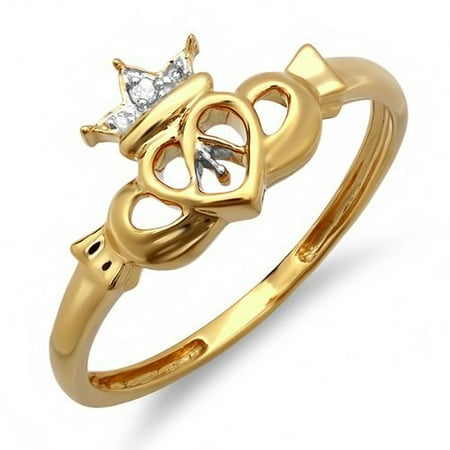 - 0.03 Carat (ctw) 10k Yellow Gold Round Diamond Bridal Promise Irish Love & Friendship Claddagh Heart Ring