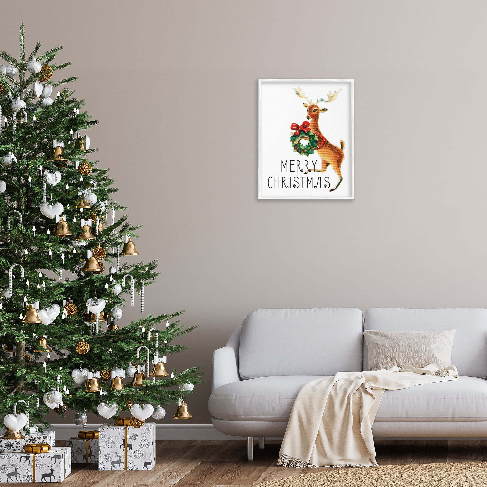 Stupell Industries Merry Christmas Reindeer Holiday Painting White Framed Art Print Wall Art, 24 x 30