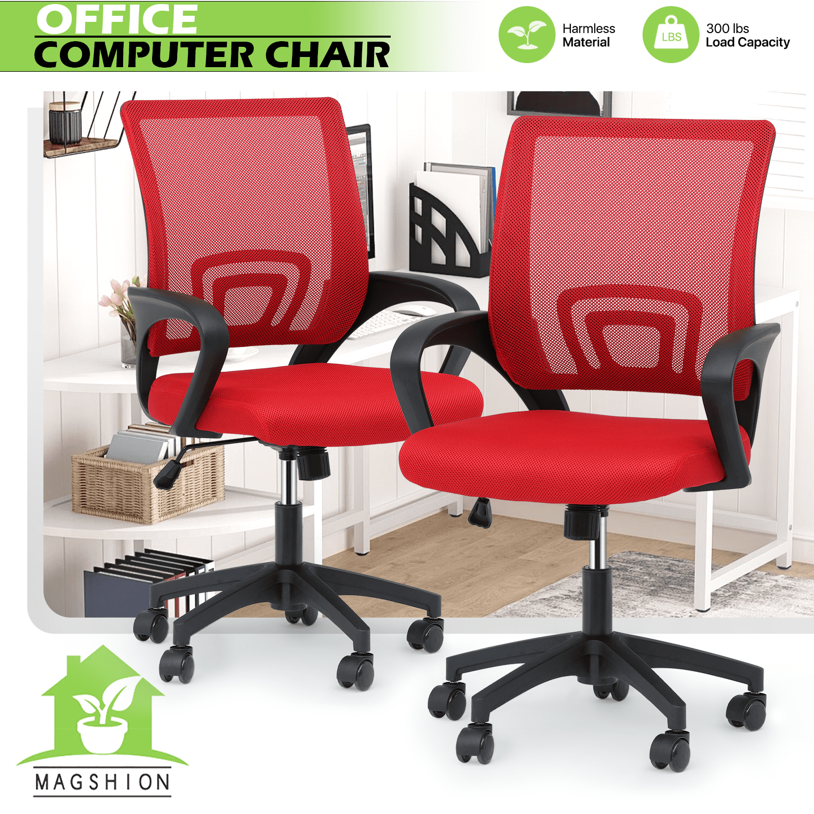 Magshion Set of 2 Office Chairs Mid Back Swivel Desk Chairs, Height Adjustable Ergonomic Mesh Computer Chairs with Armrest & Lumbar Support, Red