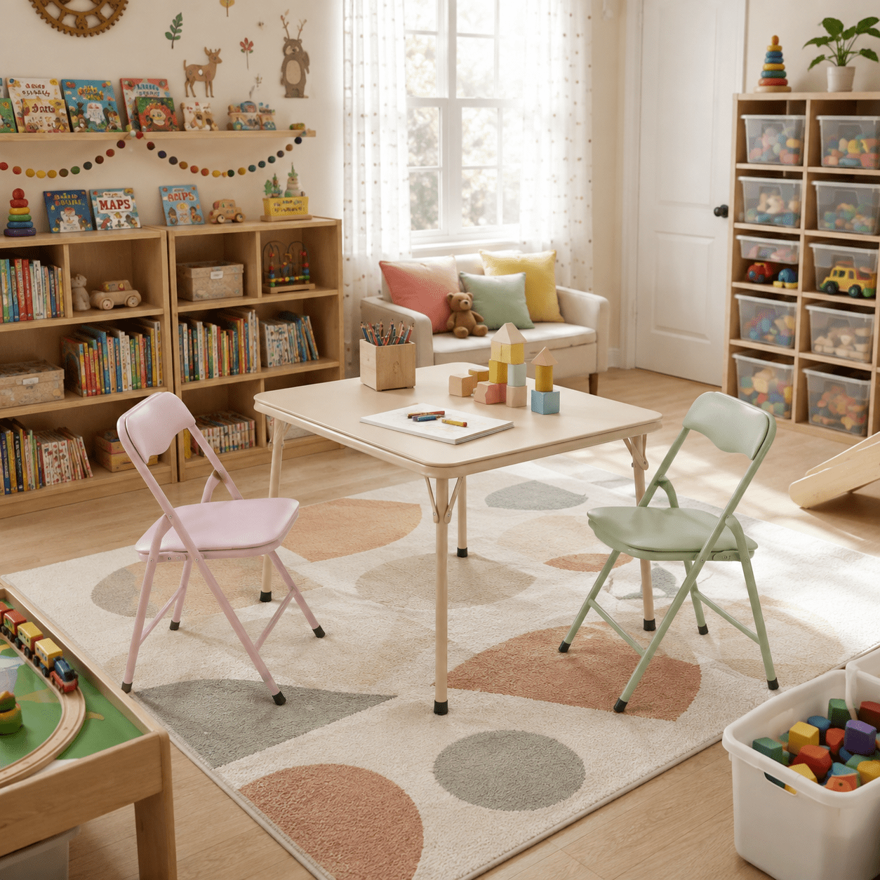 Homy Casa 3-Piece Kids Table and Chairs Set, Folding Activity Table for Toddlers Arts Crafts Playroom Preschool