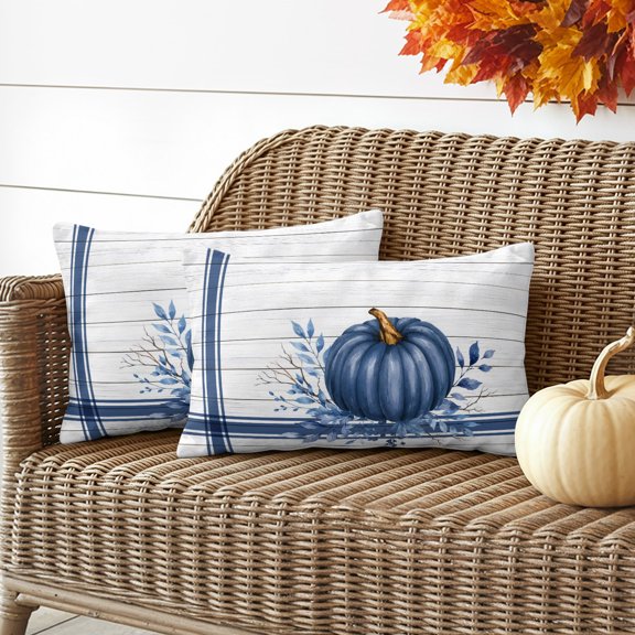 Outdoor Waterproof Throw Pillow Cover Thanksgiving Autumn Pumpkins Decorative Pillow Covers 20x12inch Set of 2 Pillows Case, Blue Striped on Wood Cushion Cases for Sofa Couch Patio Garden