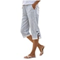 thumbnail image 2 of hlysgo Striped Linen Pants for Women Elastic High Waisted Cropped Capris Side Button Summer Vacation Capri Pants with Pockets Light Blue,M, 2 of 6