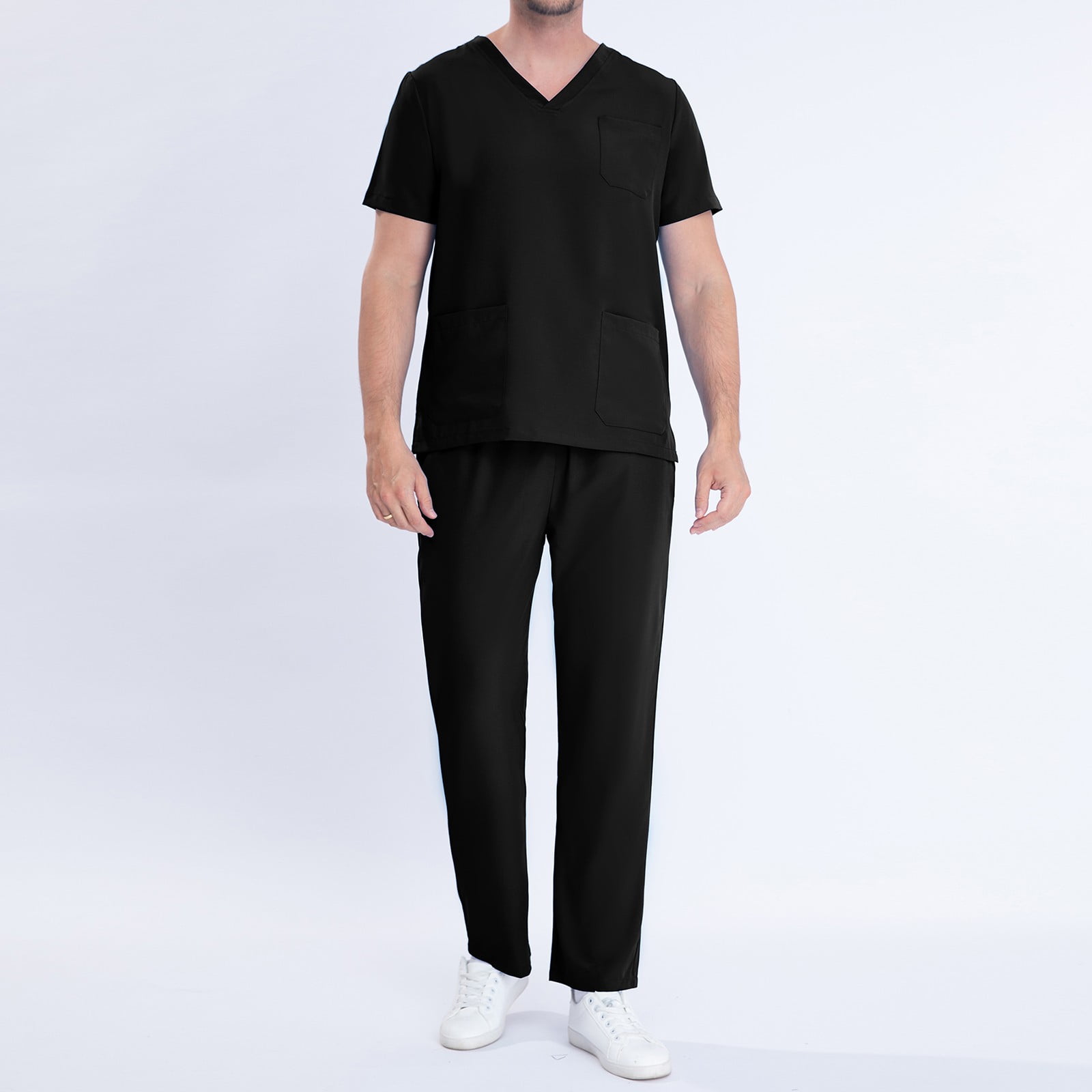 HBYJLZYG Scrubs For Men Set - Stretch V-Neck Scrub Tops & Wide Leg Pants With Pockets - Easy Care Nurses Uniform Clinic Carer Protective 2 Piece Set Black