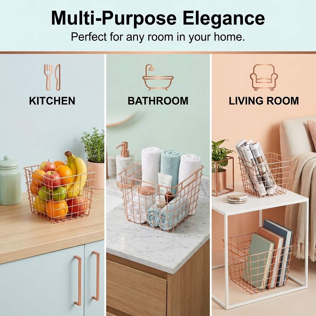 STORE INDYA storeindya Thanksgiving Gifts Wire Basket for Storage Pantry Square Organizer Wire Mesh Baskets Large Organizing Flower Girl Basket Stackable Bins (Copper Cube Collection)