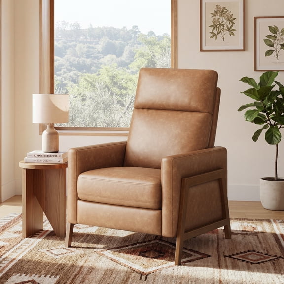 Push Back Recliner Chair, Comfy Armchair PU Leather Living Room Chairs with Wood Legs Adjustable, Cocoa