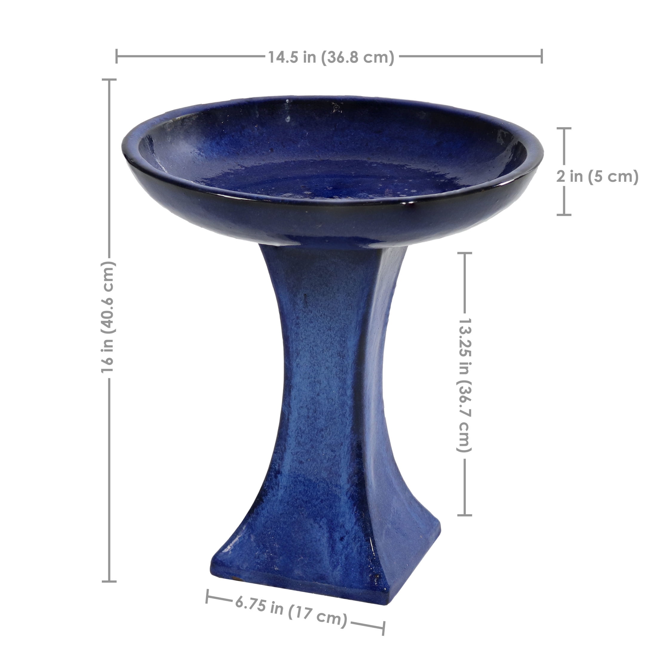 Sunnydaze Nantes Freestanding Ceramic Outdoor Bird Bath, UV-Resistant Blue Finish