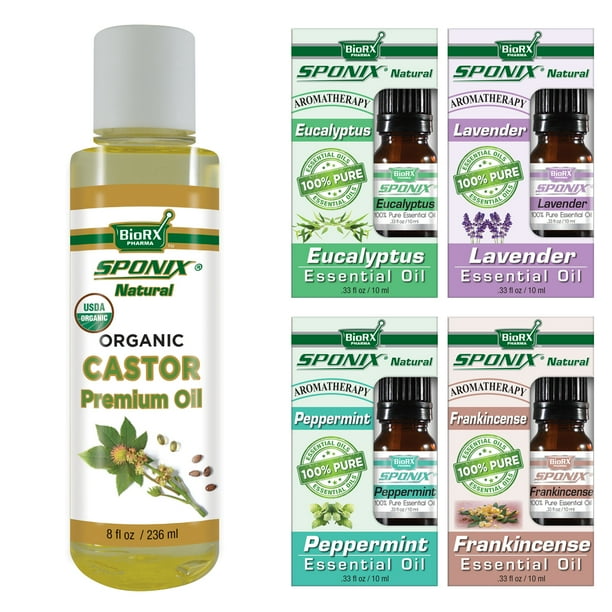 Castor Oil 8 Oz (236 mL ) Eucalyptus, Lavender, Peppermint & Frankincense 10 mL Each