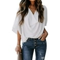 thumbnail image 3 of Mode Femme Couleur Unie Manches Mi-Longues Col en V Chemise Drapée devant Blouse Chemise, 3 of 7