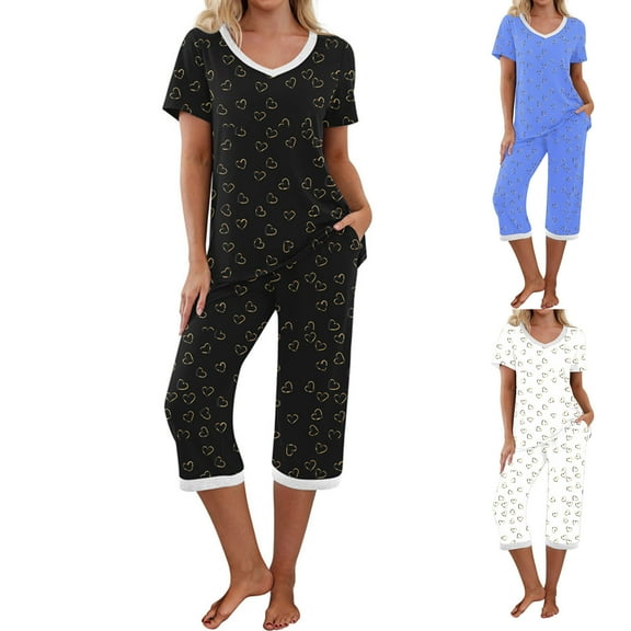 pstuiky Sets for Women Fashion Solid Color Comfortable Pajama Sets with Pants Casual Loose Fit V-Neck Short Sleeve Sleepwear Women'S Loungewear Sets Black S