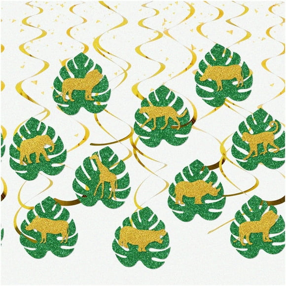Kit de Décorations de Fête Safari Jungle Sauvage - 28Pcs Jungle Animaux Suspendus Tourbillons avec Paillettes, Feuilles de Palmier Tropicales Streamers de Plafond pour Luau Jungle Safari Anniversaire Douche de Bébé