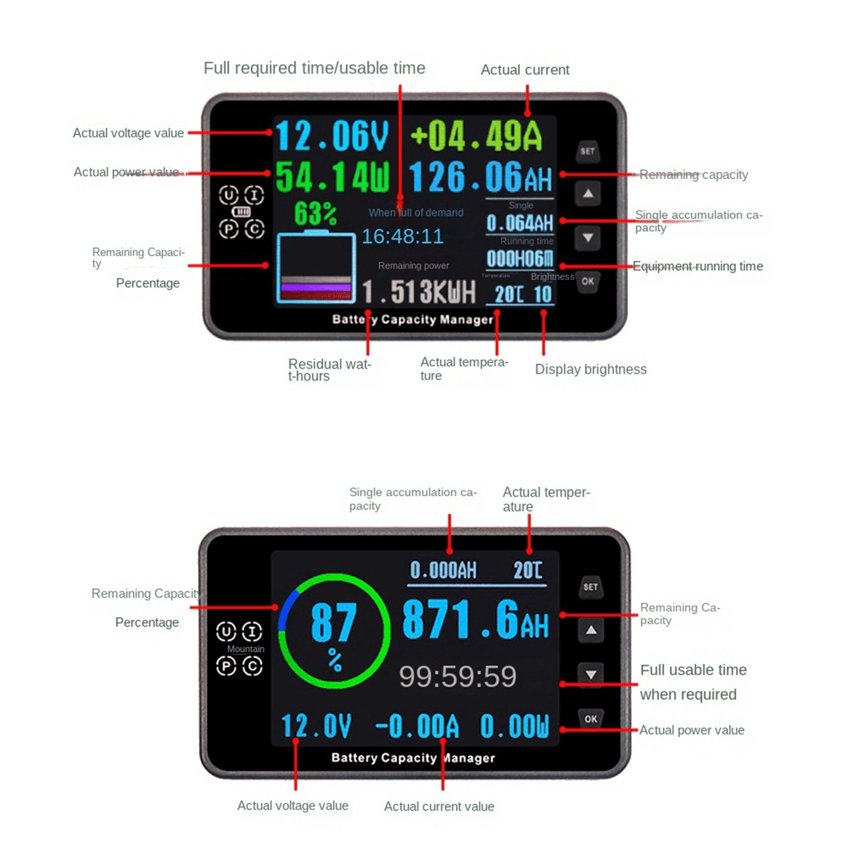 VA9910 3.5In 8-120V/0-300A Digital Voltmeter Ammeter Battery Capacity Indicator Hall Coulomb Meter Tester Power Detector,1x Monitor 1x Shunt 1x Wrench 1 Set x Connecting Cables,As Shown