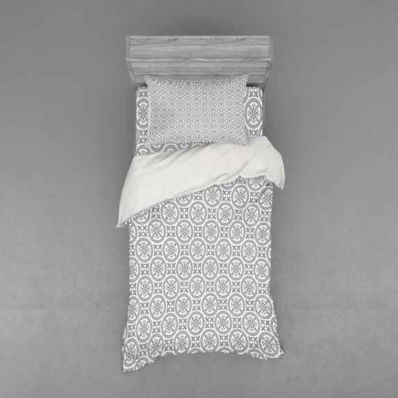Ambesonne Grey Bedding Set 3 Pcs, Antique Vintage Patterns, Twin, Grey White