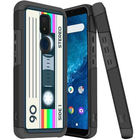 ANJ  Slim Dual Layer Hybrid Shockproof Case   Tempered Glass Cover for Cricket Icon 3, Splendor, AT&T Motivate 2 - Retro Cassette 3