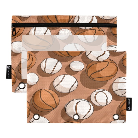 2 Pack 3 Ring Binder Pouch with Clear PVC Window Water Resistant Zipper Pencil Pouch Athletic Ball Collage Print Binder Pocket for Classroom Office Home Stationery Organization