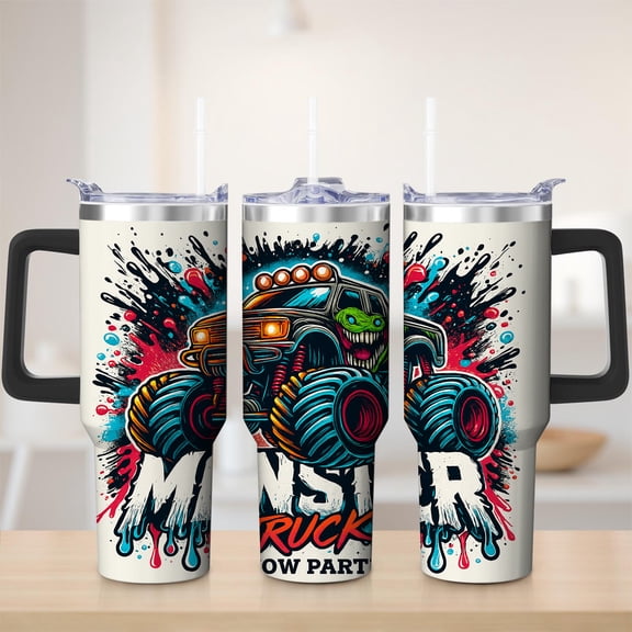 Monster Truck Splash Stainless Steel Insulated Mug with Lid and Handle, 30oz