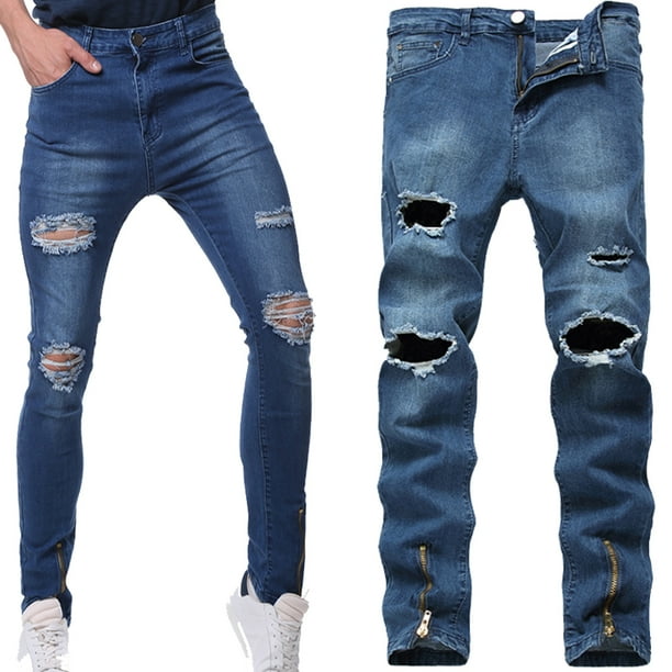Hemiks - Men's Light Blue Ripped Skinny Distressed Destroyed Slim Jeans Pants with Holes