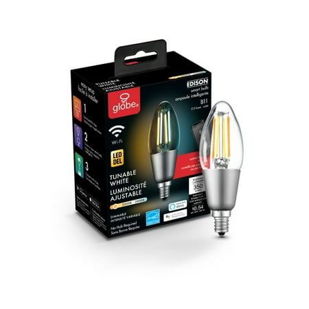 

Globe Electric Wi-Fi Smart 40W Equivalent Vintage Filament Tunable White LED Light Bulb No Hub Required Voice Activated Energy Star B11 Shape E12 Candelabra Base 34918