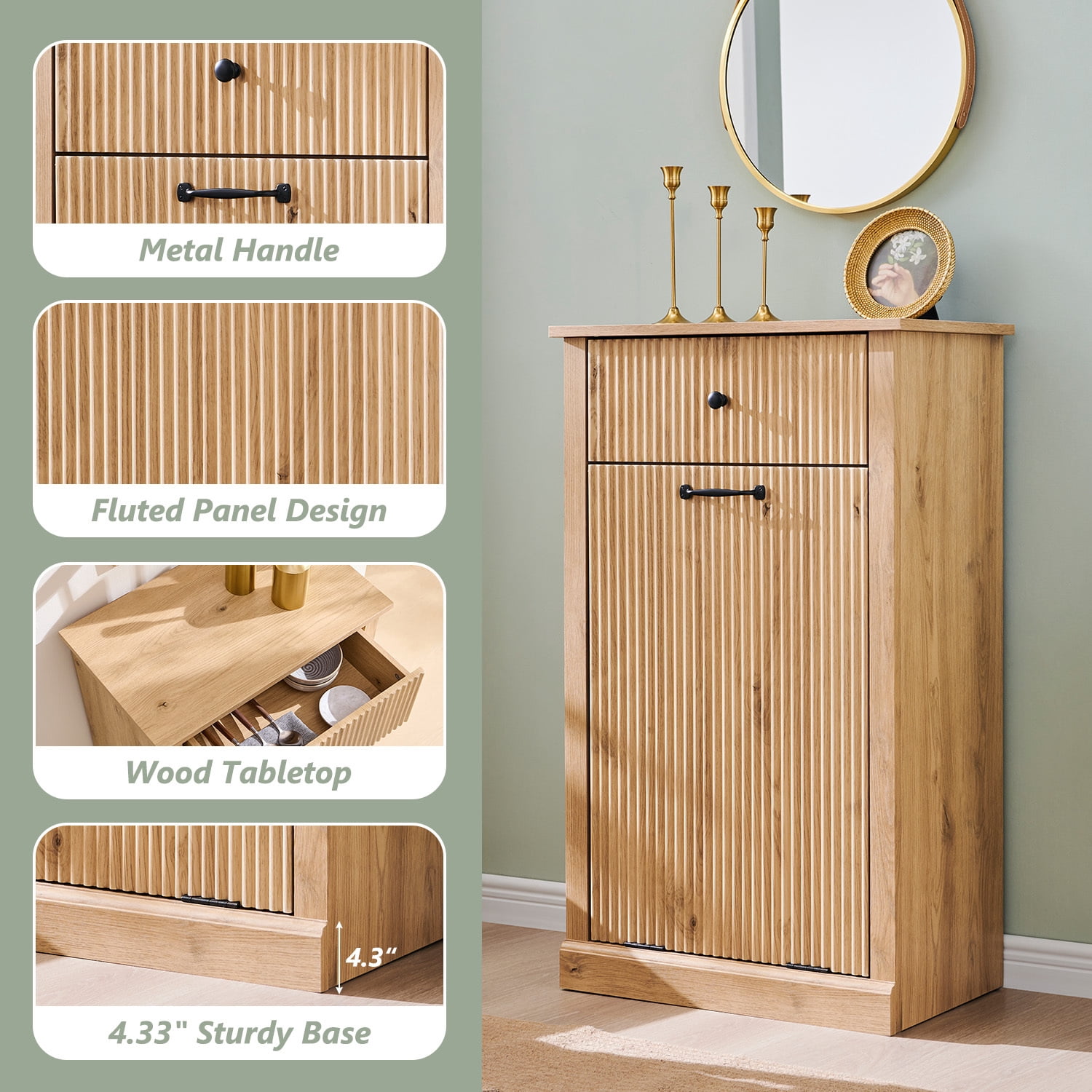 IFGET Fluted Tilt-Out Trash Can Cabinet, 10 Gallon Wood Hidden Garbage Can Cabinets with Storage Drawers, Laundry Hamper Cabinet for Bathroom, Kitchen